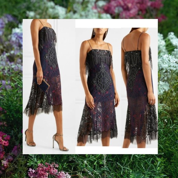 $1,065 NEW JONATHAN SIMKHAI Navy Black Cocktail Mini Dress Lace Fringed Hemline - Picture 3 of 12